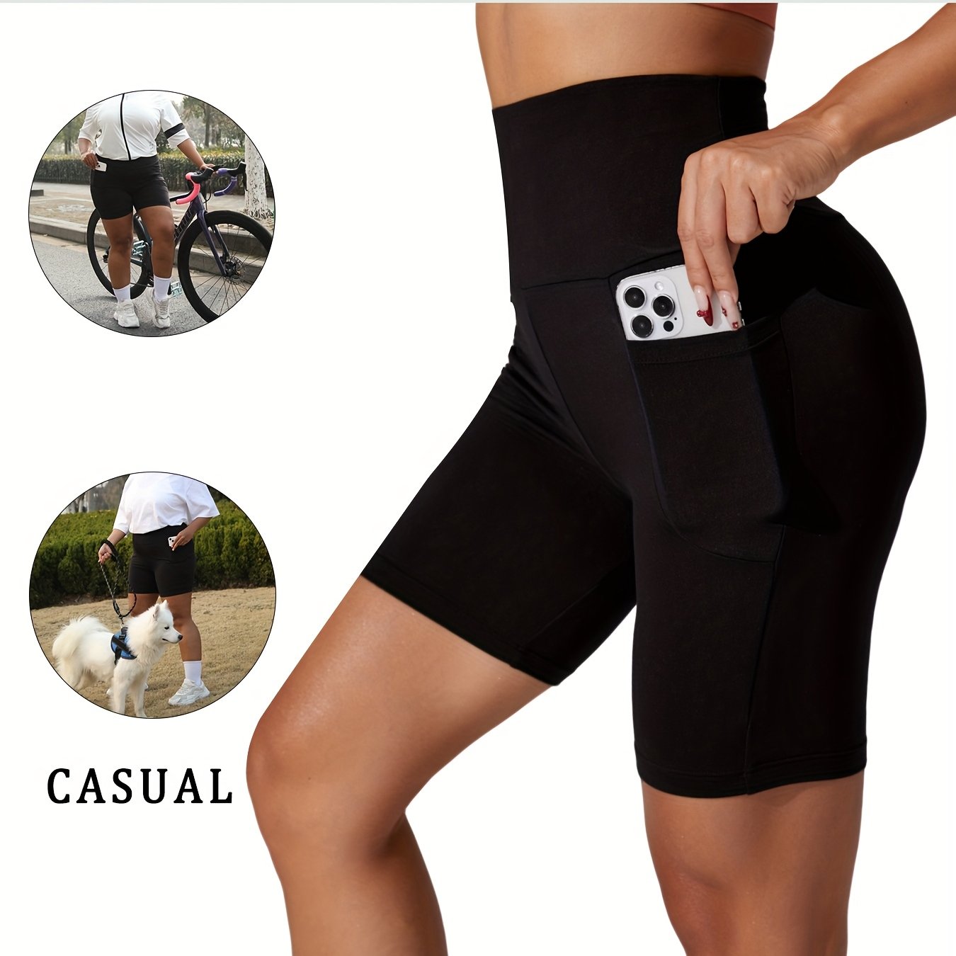 Plus Size High Waisted Biker Shorts Women Pockets Tummy Control Dark Blue