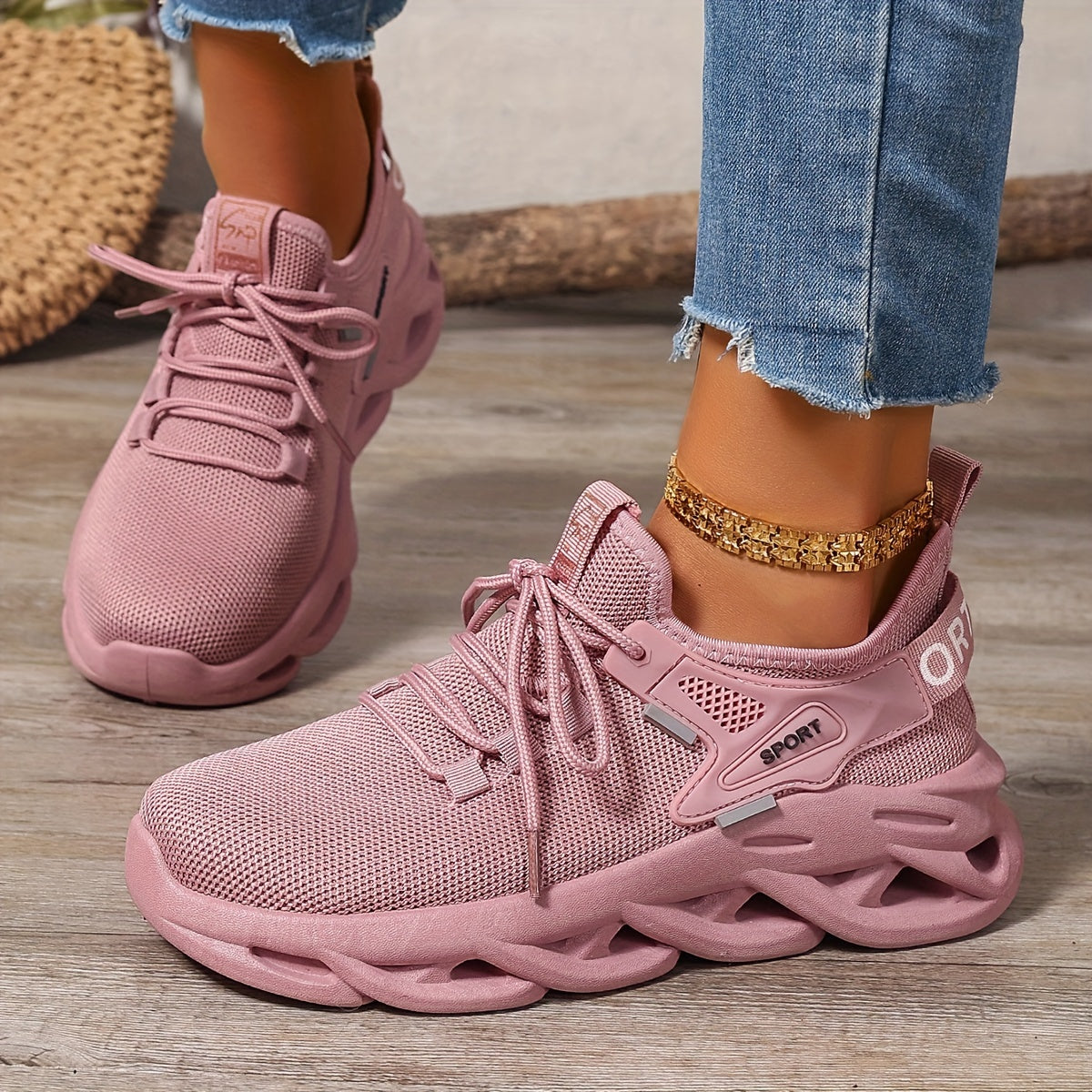 Women’s Red Breathable Knit Running Shoes Lightweight Cushion Sneakers