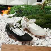 Girls' High Heels with Pearls and Bowknot, Solid Color, Lightweight, Suitable for Weddings and Parties