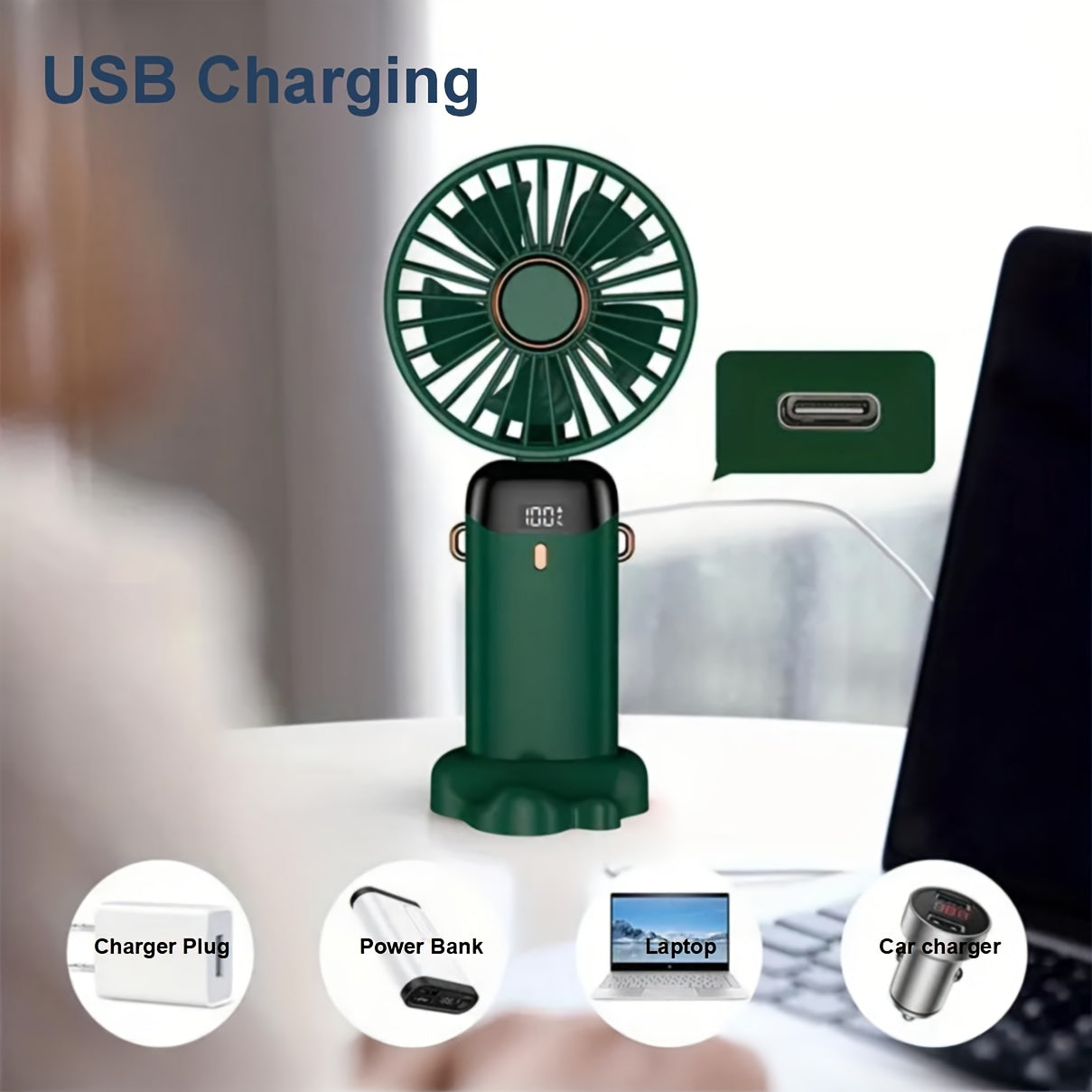 Portable Handheld Fan with Digital Display 5 Speed Adjustable Rechargeable Lithium Battery