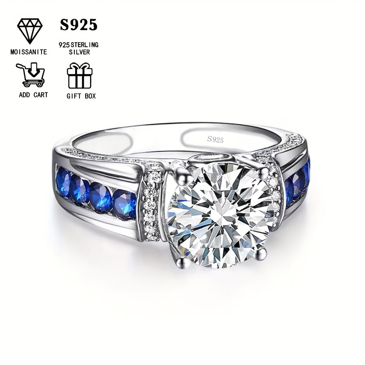 Sterling Silver 2ct Moissanite uzuk bilan ko‘k yon tomonlar bilan boho uslubida