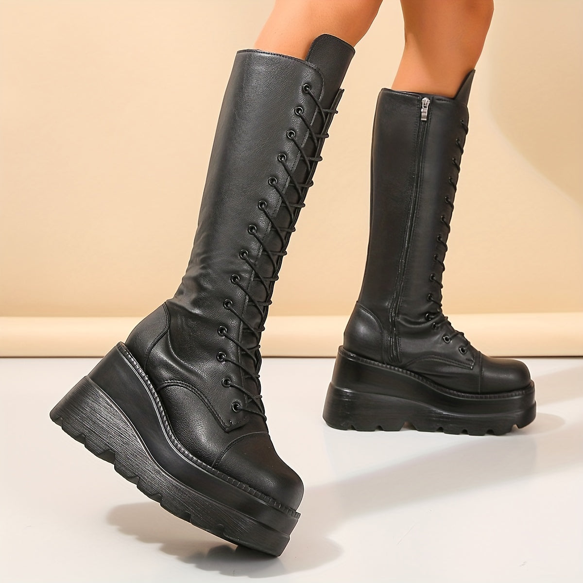 Women's Faux Leather Wedge Knee High Boots Lace Up Chunky Gothic