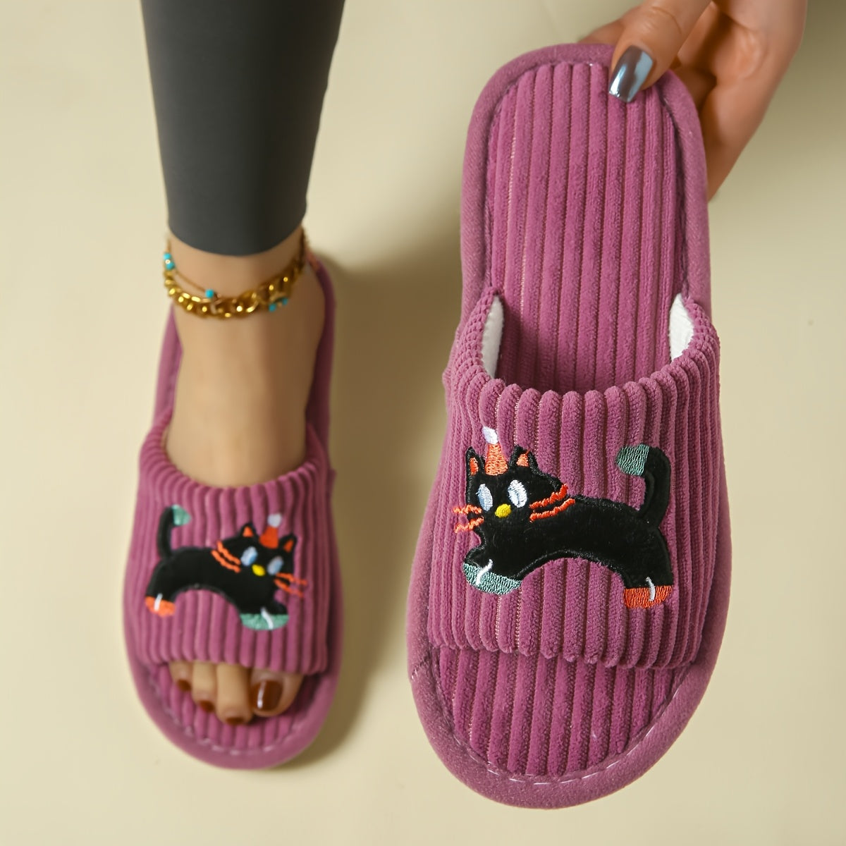 Women's Cotton Striped Cat Design Slip-On Home Slippers