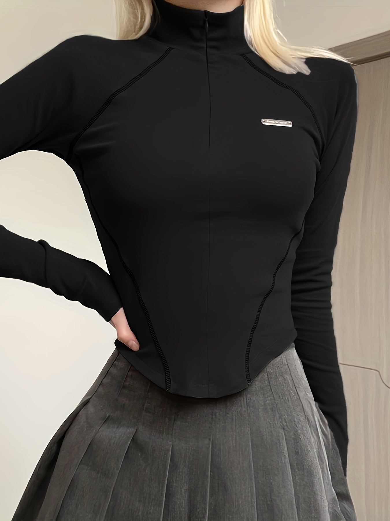 Camiseta deportiva casual para mujer con cremallera invisible, cuello alto, manga larga, otoño-invierno, estilo motocicleta