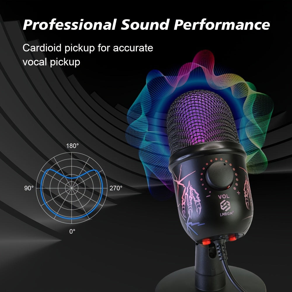 USB Condenser Microphone with RGB Lighting Noise Reduction Volume Control for Gaming Streaming Singing Video Conferencing