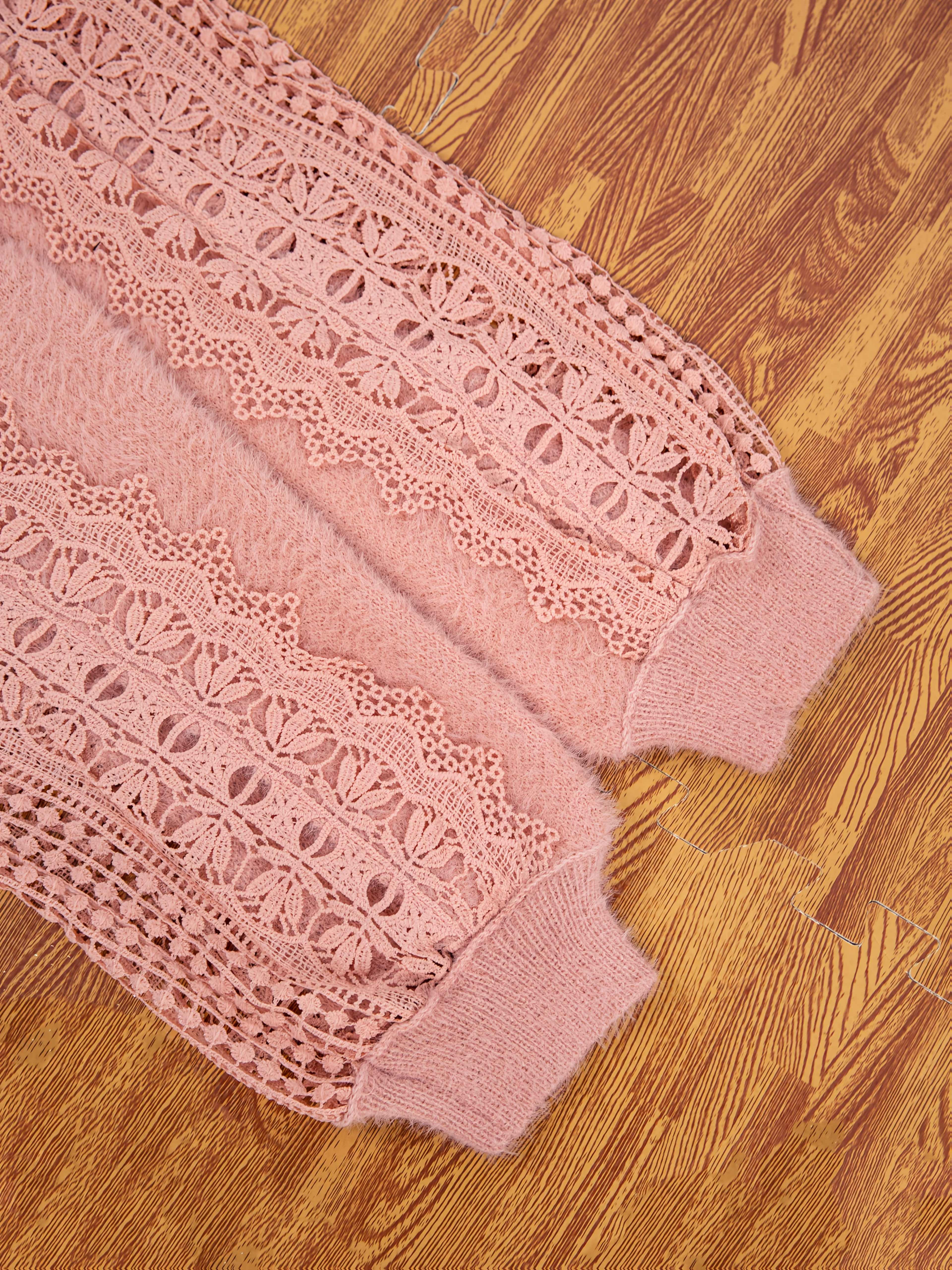 Plus Size Women's Lace Trim Sweater Long Sleeve Pullover Spring Fall Casual