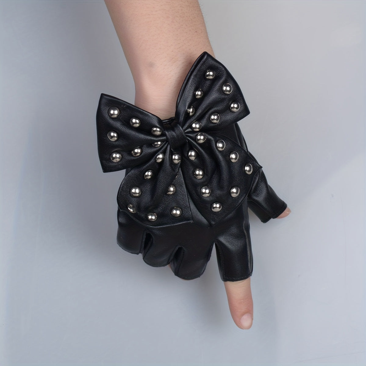 Women's Half Finger Rivet Bow PU Leather Gloves for Punk Dance and Hip Hop