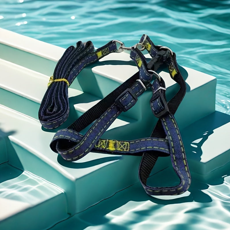 Adjustable Denim Dog Harness and Leash Set for Small to Large Breeds Polyester