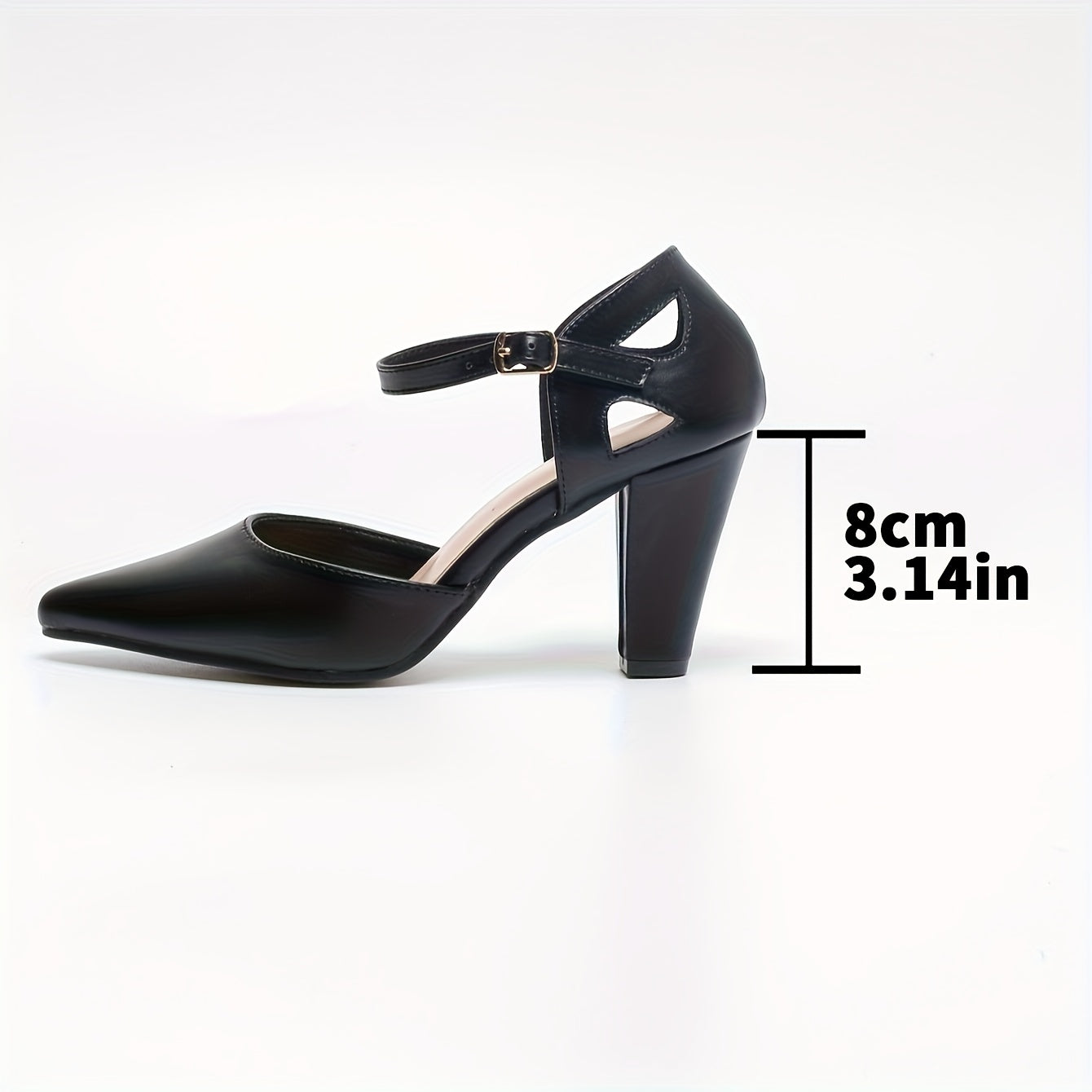 Women's Black PU Pointed Toe Chunky Heel Pumps with Ankle Strap