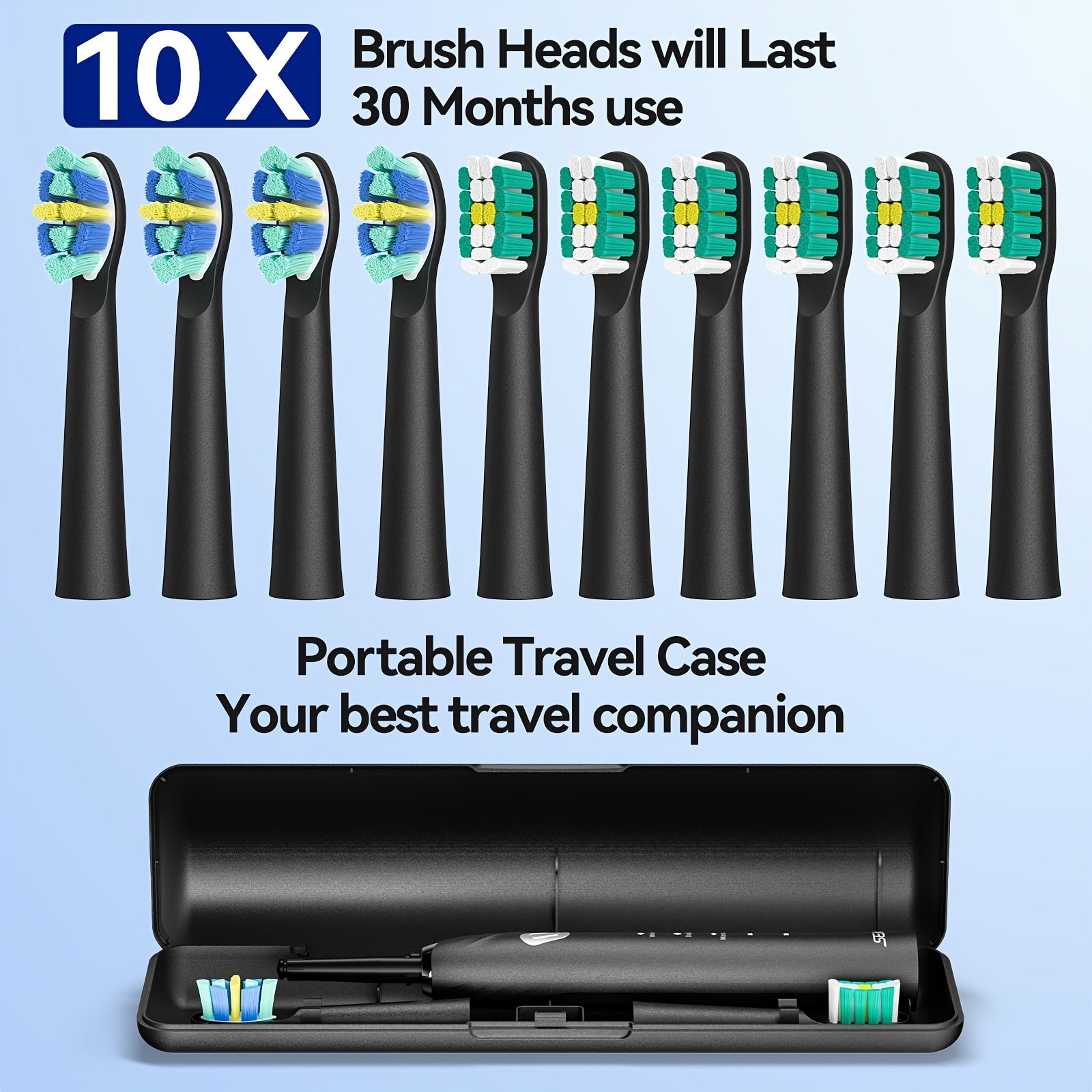 Elektr tozalash cho'tkasi to'plami Qora, qayta zaryadlanadigan, 3 ta rejim va 10 ta cho'tka boshli