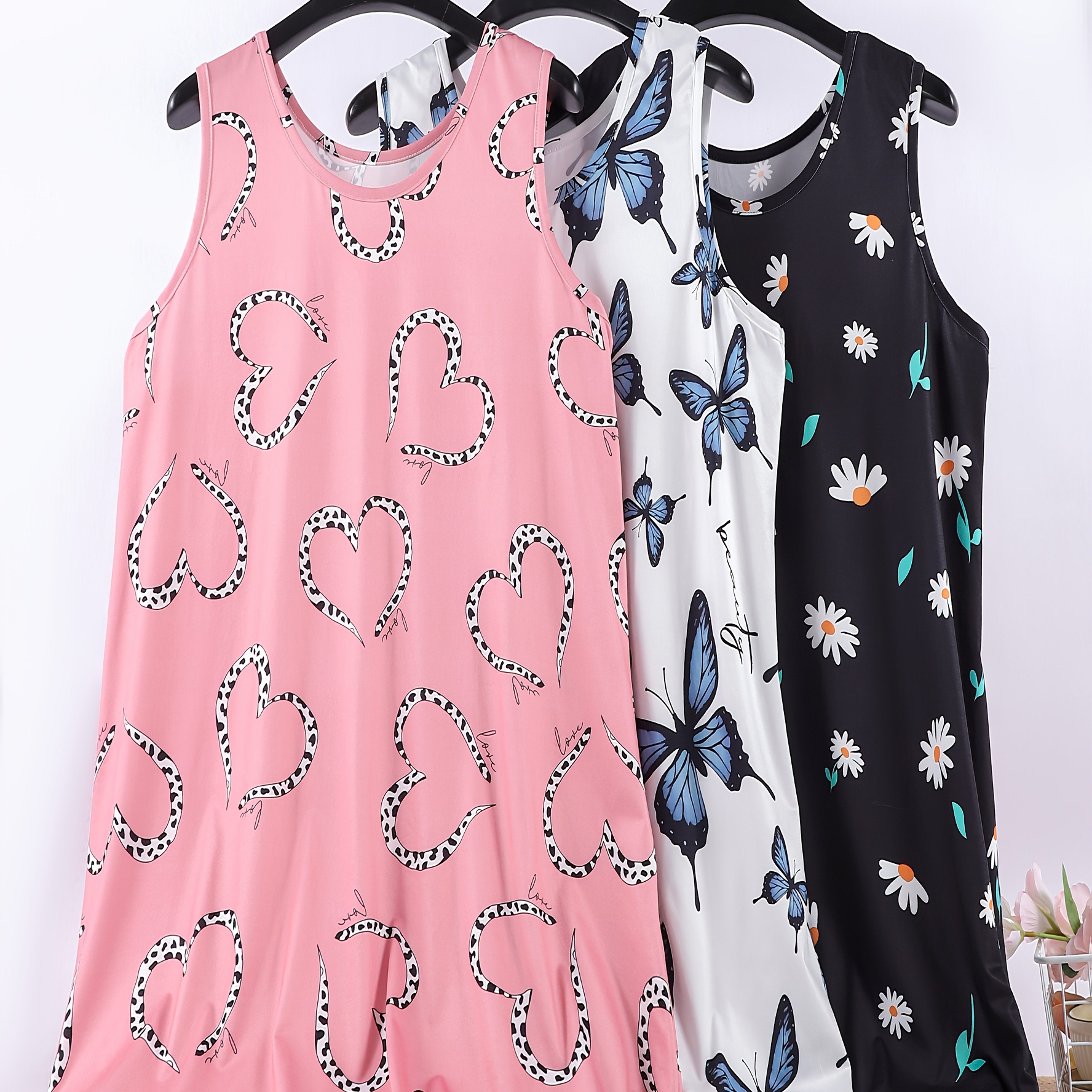 Women's Sleeveless Nightgowns 3-Pack Summer Sleepwear Plus Size Floral Butterflies