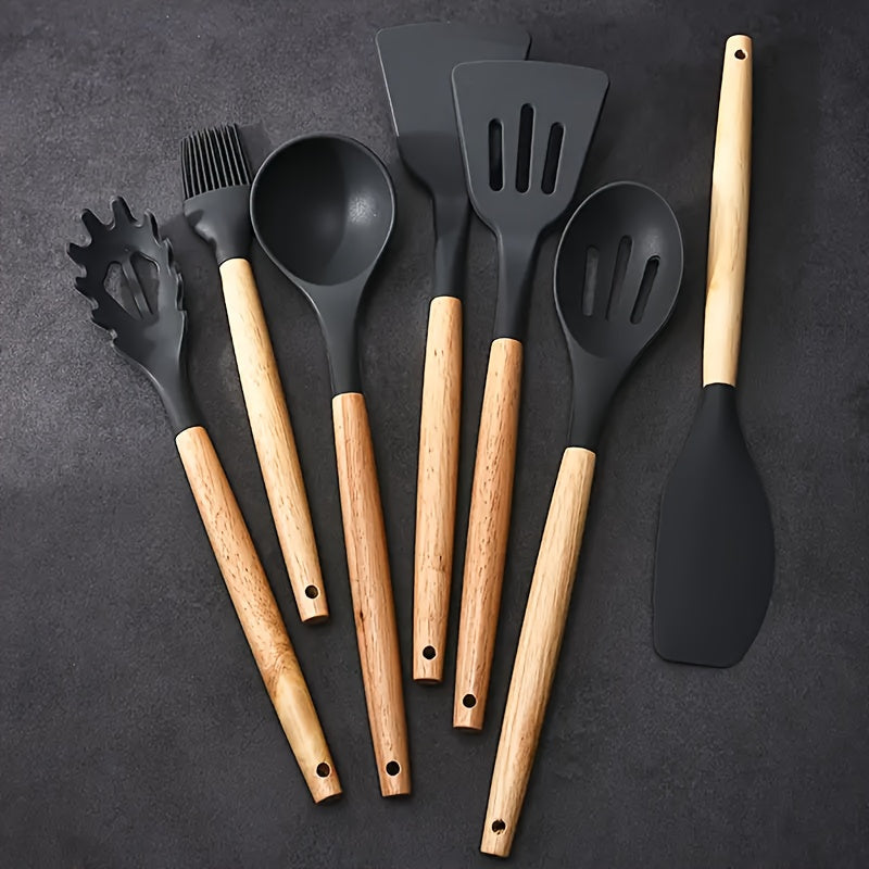 Silicone Cooking Utensil Set with Wooden Handles Non-Stick Heat Resistant Dishwasher Safe