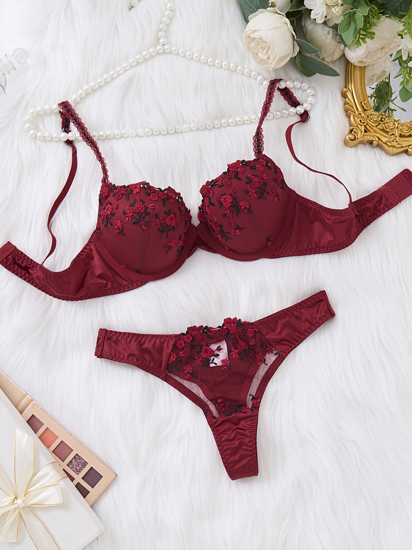 Women's Valentine's Day Lingerie Set with Floral Embroidery Push-Up Bra and Triangle Panties