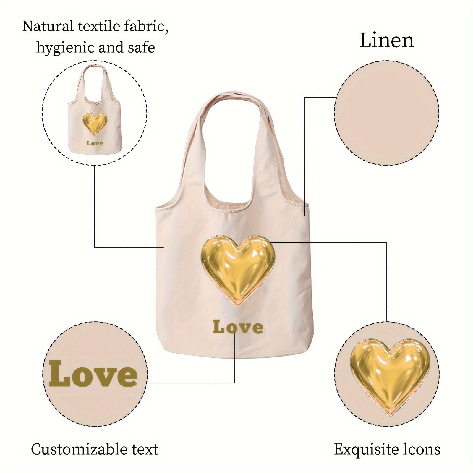 Shaxsiylashtirilgan kanvas tote sumkasi, maxsus matn va yurak naqshlari bilan, 1, 3 yoki 9 ta to'plam