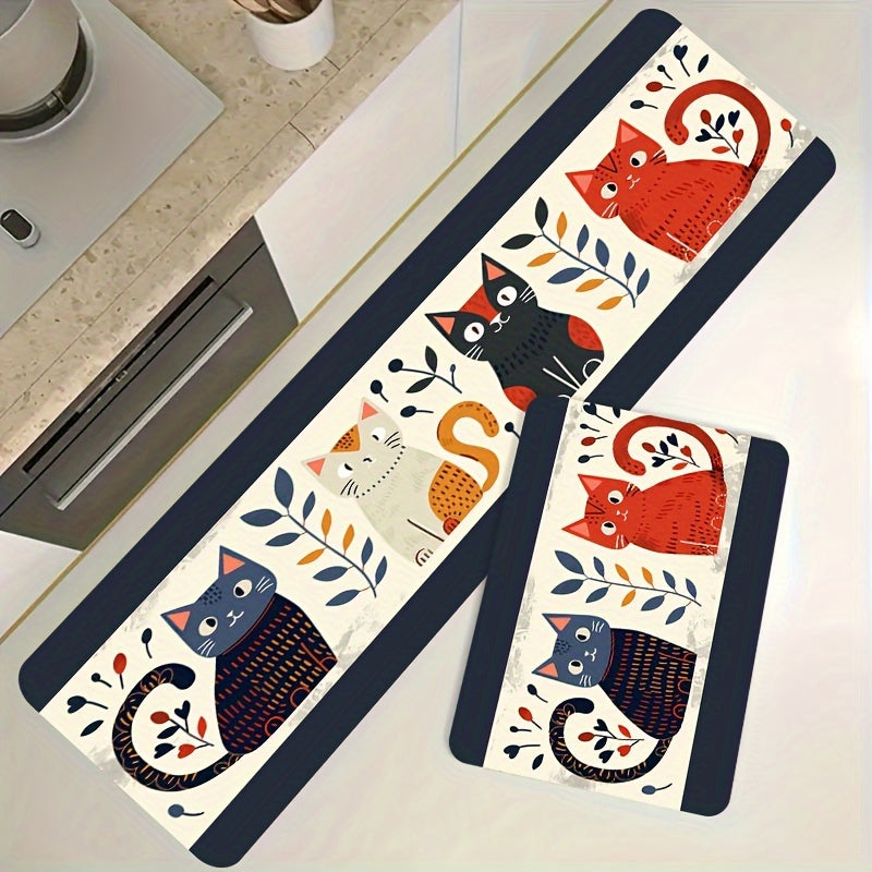 Cat Print Doormats Set Waterproof Non-Slip Polyester for Kitchen Living Bathroom