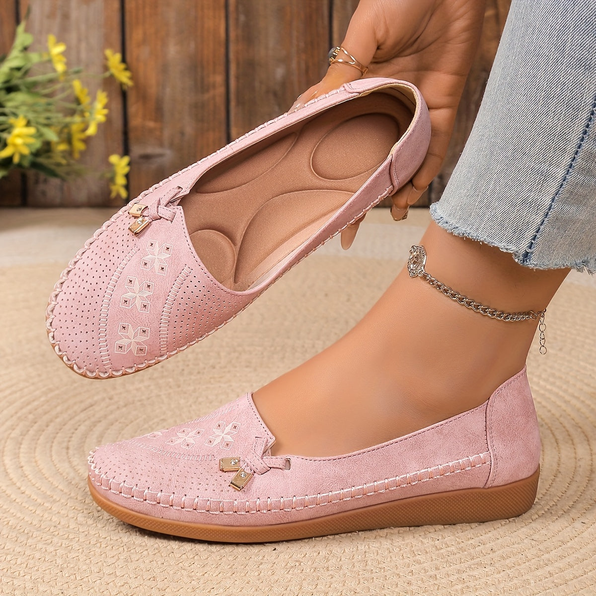 Women's Pink Synthetic Slip-On Loafers with Bow and Geometric Pattern