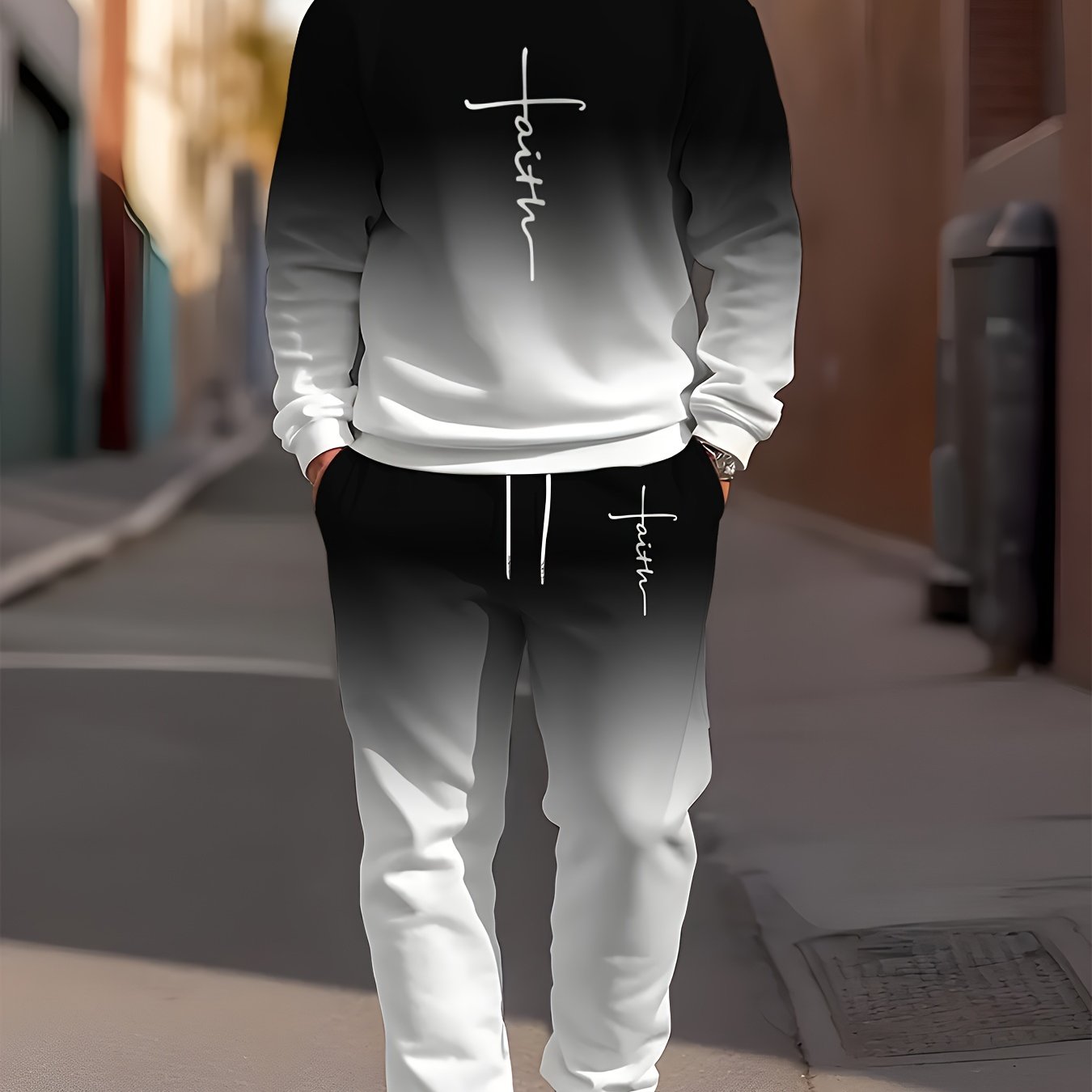 Men's Polyester Tracksuit Set with Crew Neck Printed Sweatshirt and Joggers Lounge Wear