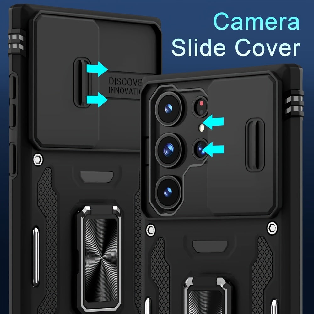 Luxury Matte 2-in-1 Armor Phone Case for Samsung Galaxy with Camera Cover and Swivel Ring