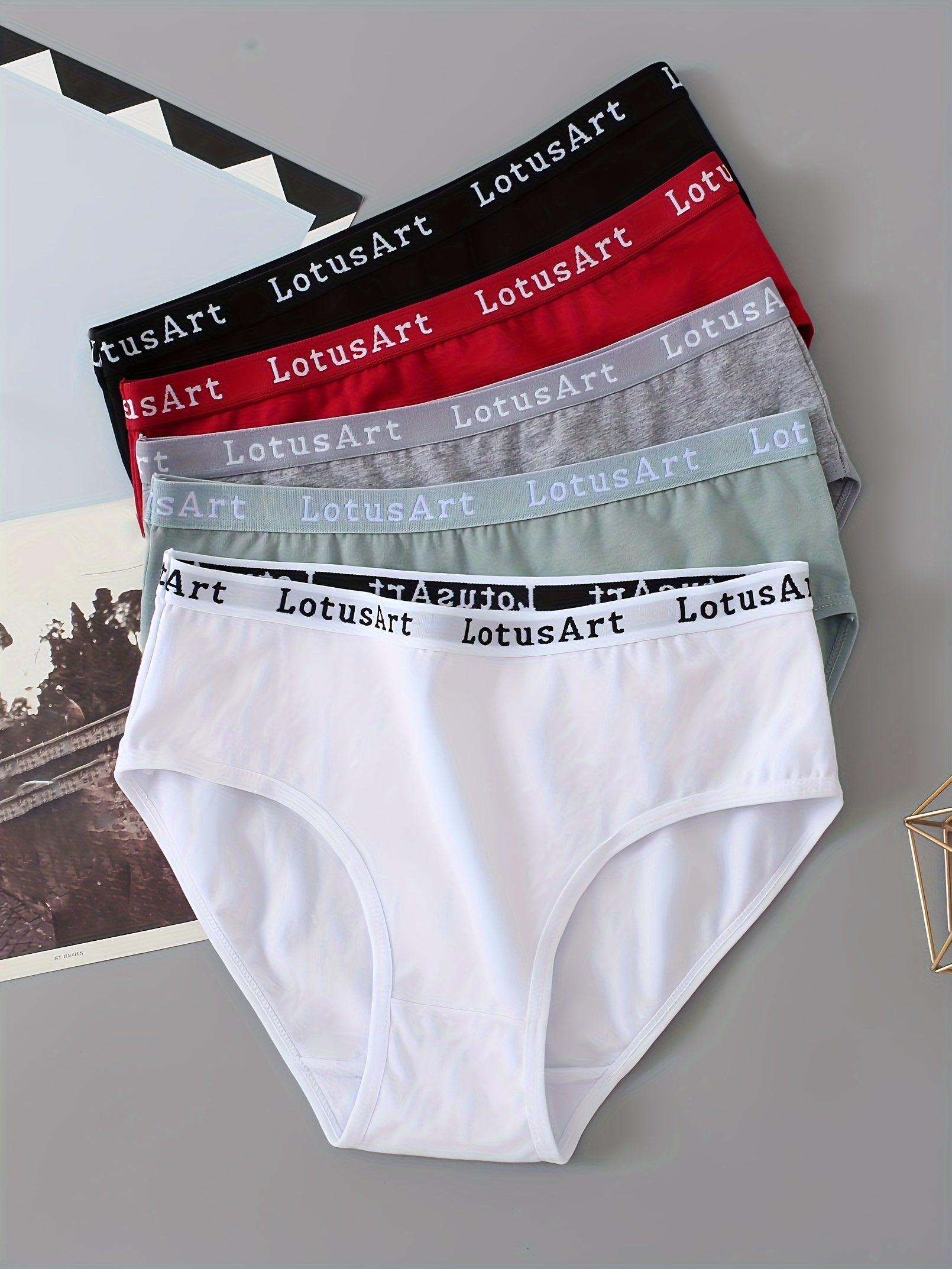 Set of 5 Women's Cotton Mid-Rise Letter Tape Sports Briefs Underwear