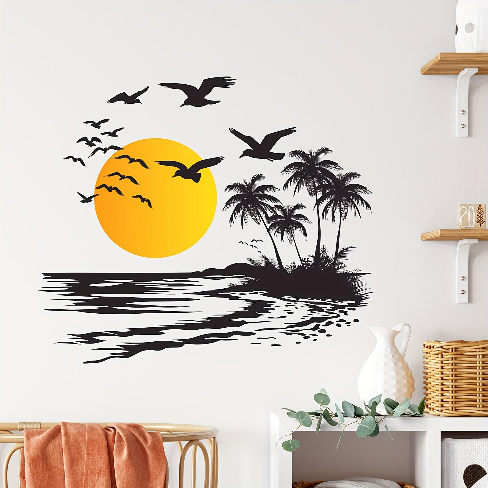 Removable Vinyl Wall Decal Tropical Sunset Scene with Palm Trees and Birds for Living Room Bedroom