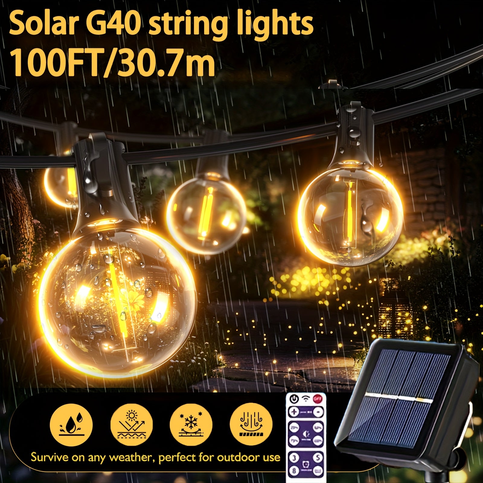 Remote bilan Solar G40 String Lights, LED Globe Patio Lights, Shatterproof Bulbs, Bir nechta yoritish rejimlari, Remote boshqaruv, Partiyalar uchun Dimmable Osilgan Chiroqlar, Tashqarida ishlash uchun Quyosh energiyali