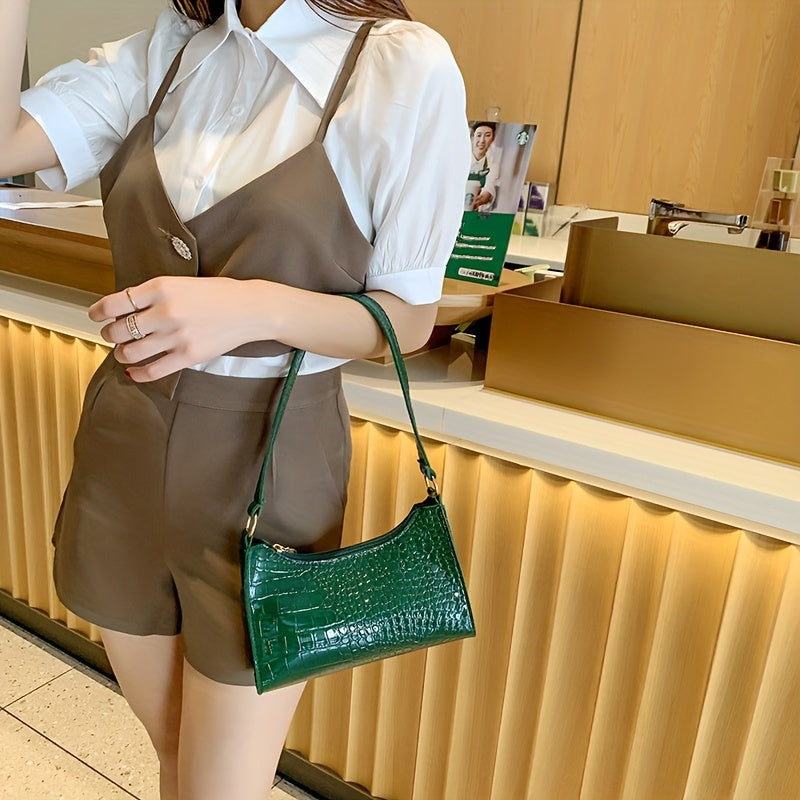 Шикарная черная сумка через плечо с крокодиловым узором для женщин, изготовленная из синтетической кожи, с застежкой на молнии и фиксированным ремнем.