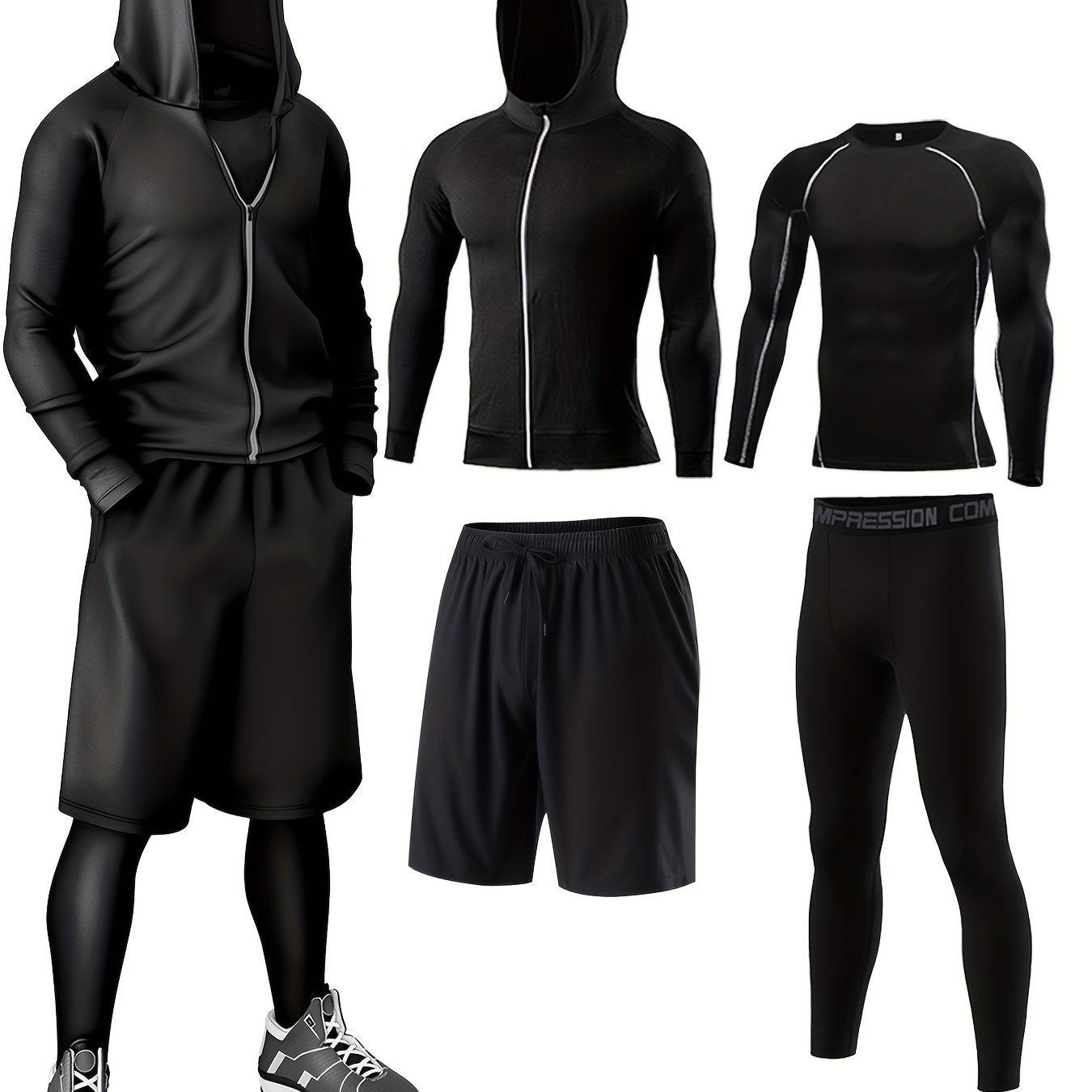 Men's Athletic Sportswear Set Crew Neck Hoodie Shorts Leggings Breathable Quick-Dry Polyester Elastane