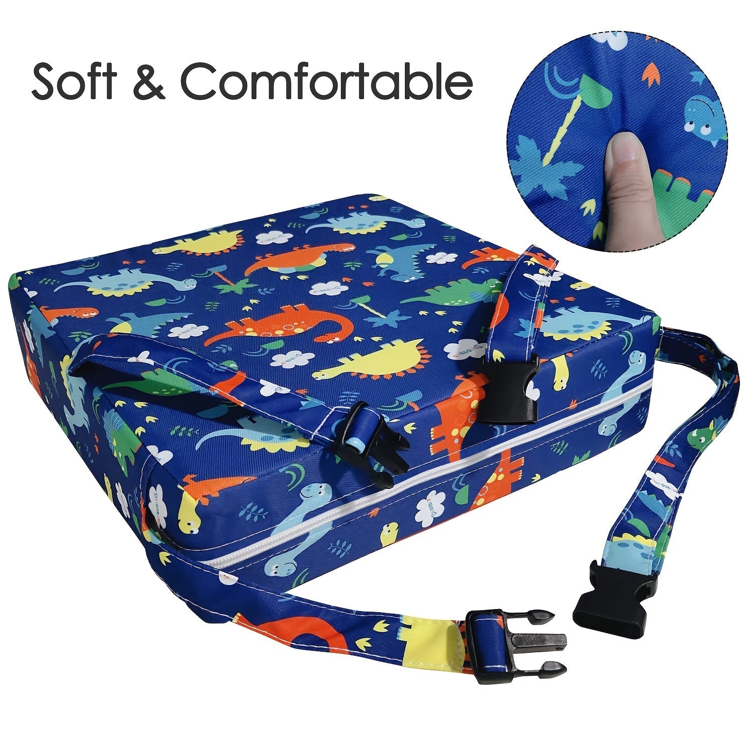 Blue Dinosaur Toddler Booster Seat for Dining Travel Washable with Safety Straps