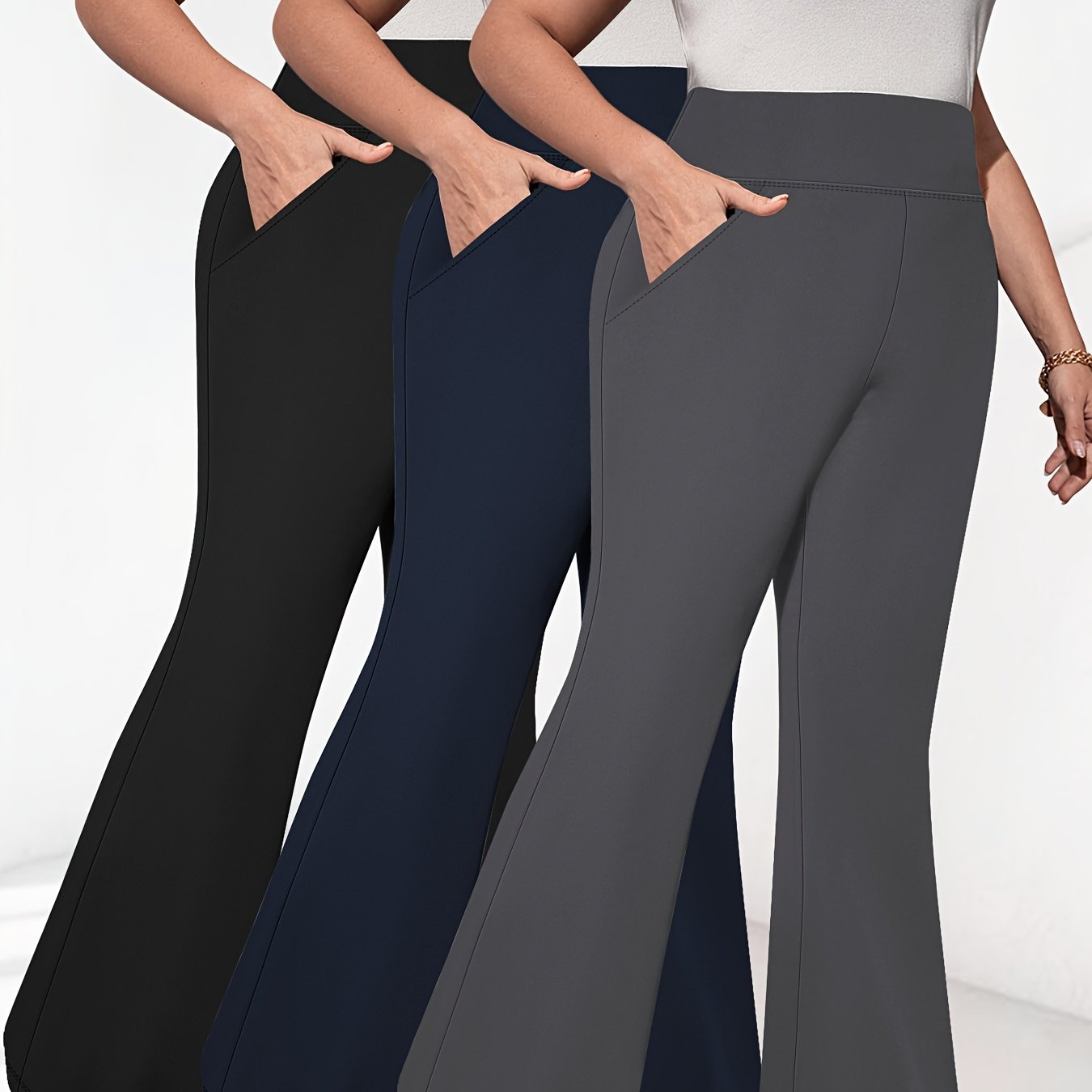 Women's Plus Size High Waist Flared Pants Black All-Season Stretch