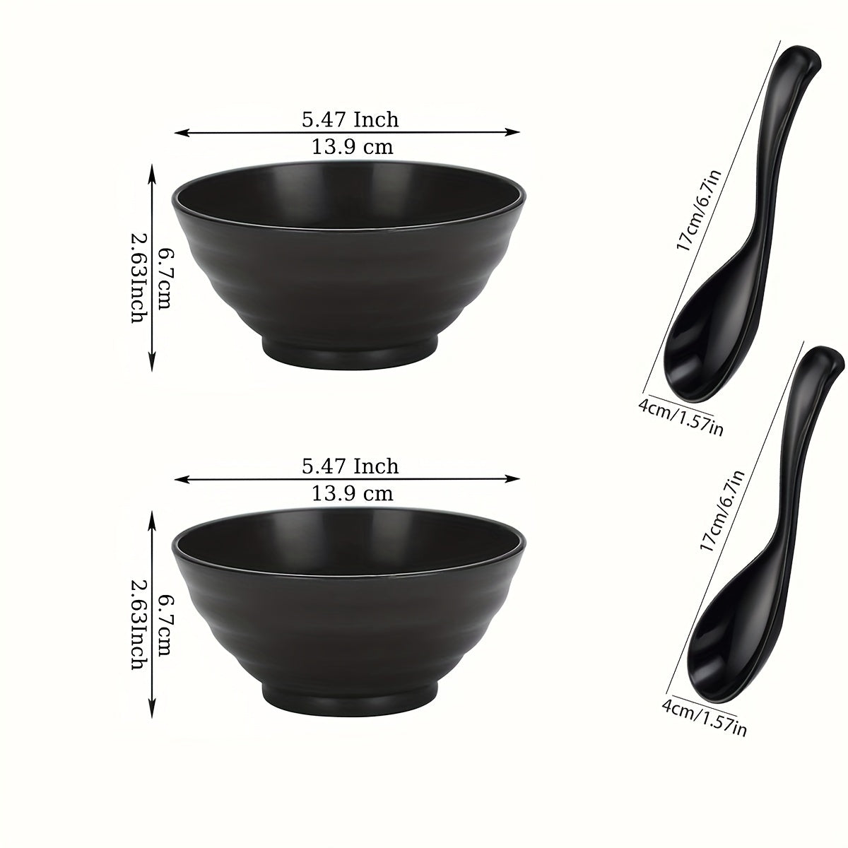 Set of 2 Black Polypropylene Ramen Bowls Microwave Safe Dishwasher Safe with Spoons