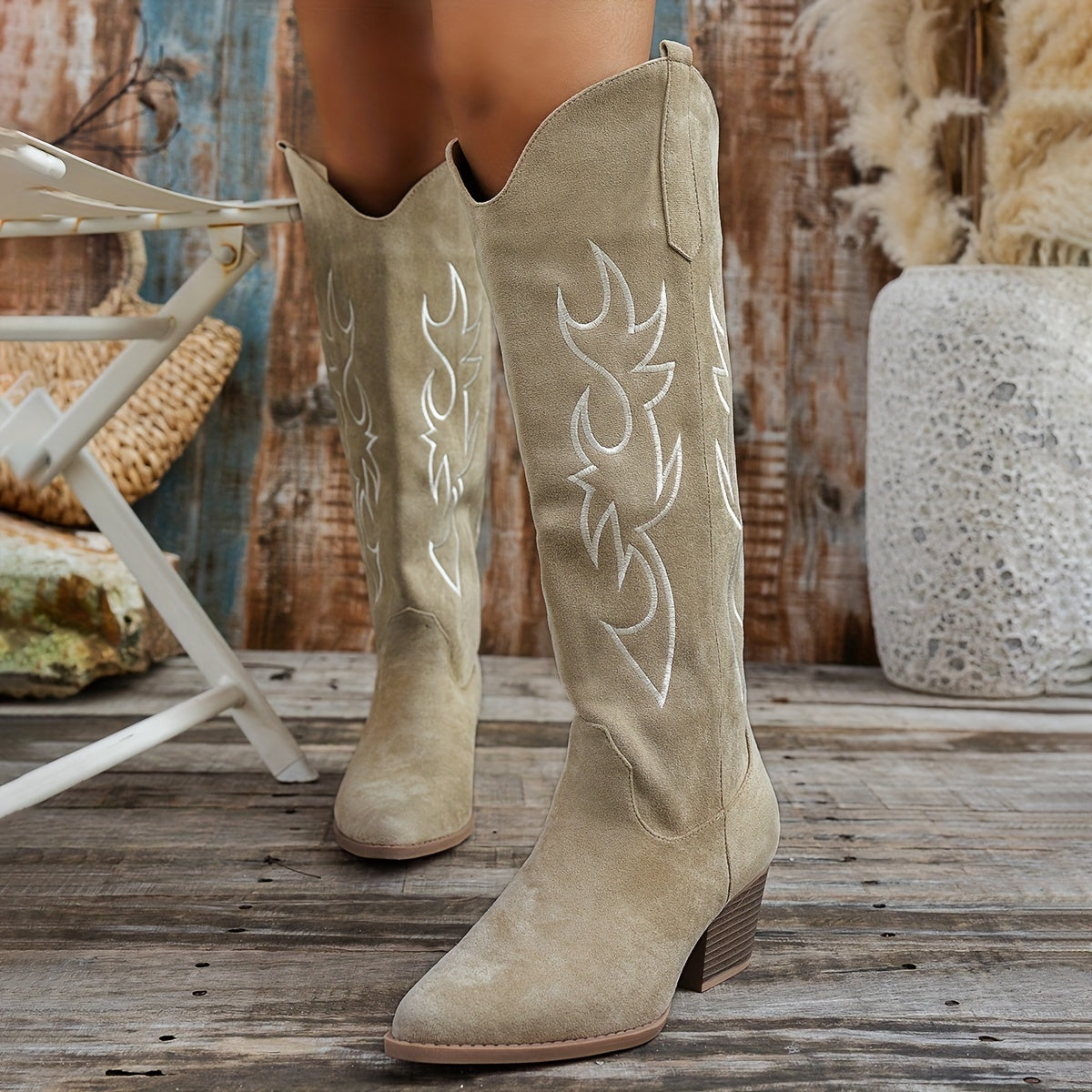 Women's Western Cowboy Riding Boots Knee-High Embroidered Leather