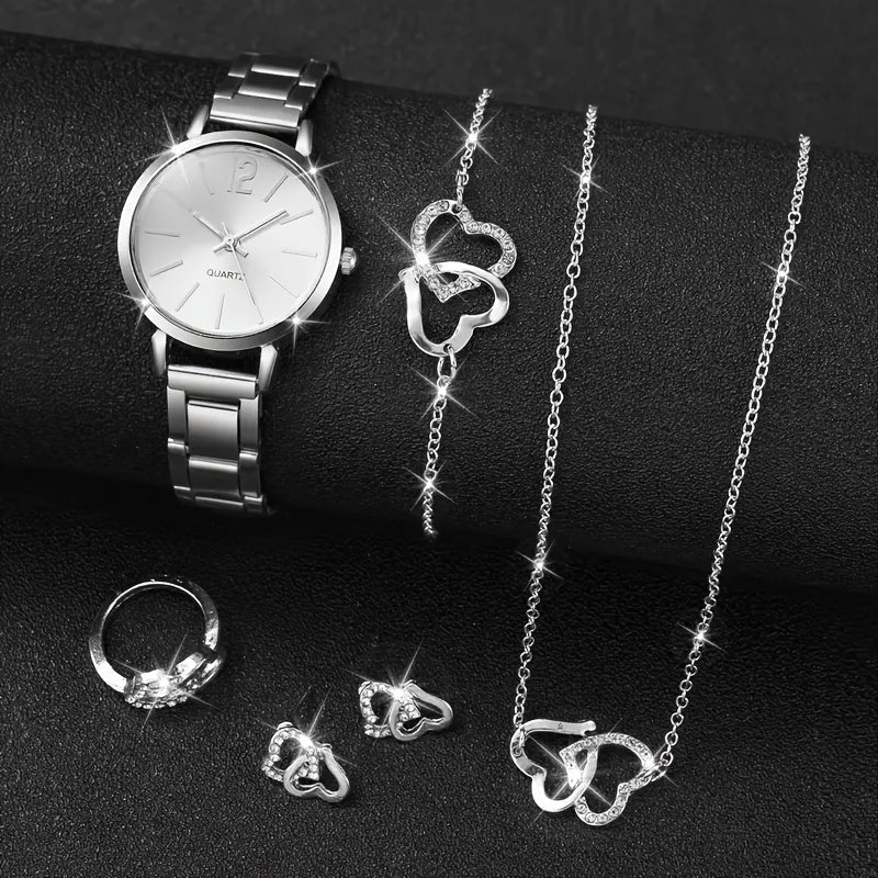 Women's Quartz Watch with Stainless Steel Band and Synthetic Gemstone Jewelry Set