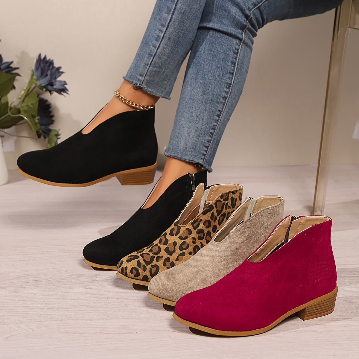 Women's Leopard Print Ankle Boots Chunky Mid-Heel Zipper Leather