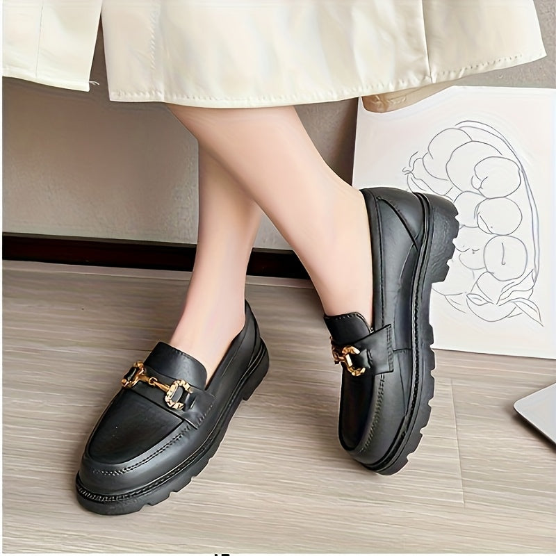 Women's Slip-On Loafers Black Beige White Round Toe Thick Sole Retro British Style