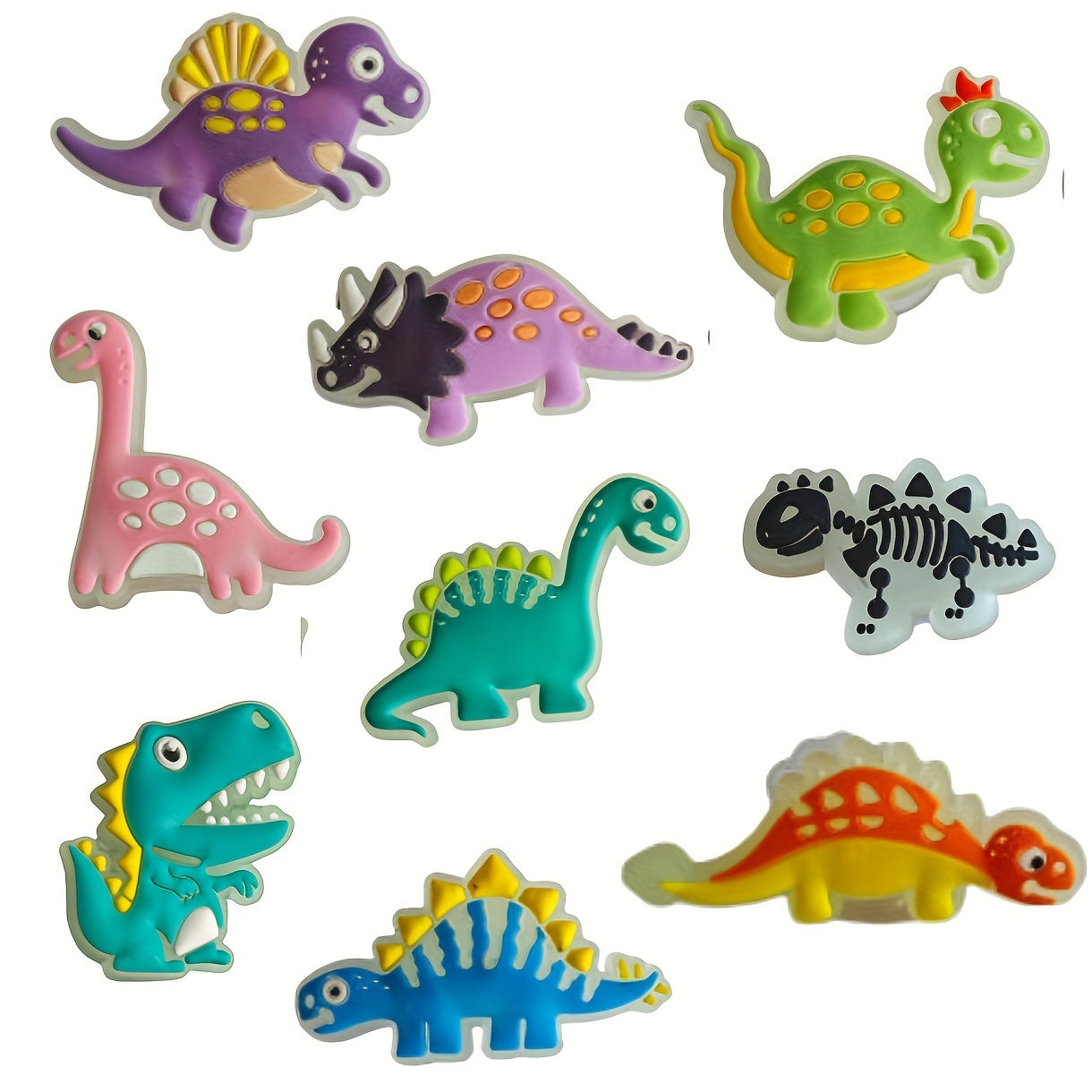 Kids Glow-in-the-Dark Dinosaur Shoe Charms Plastic Colorful Designs Pack of 9