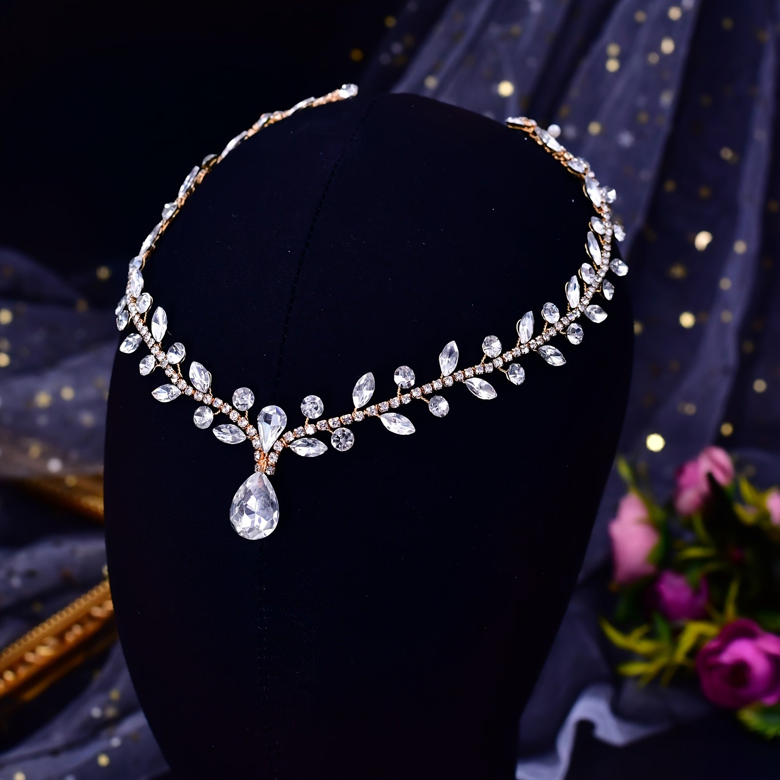 Diadema nupcial con colgante de rhinestone en la frente y banda para el cabello para boda