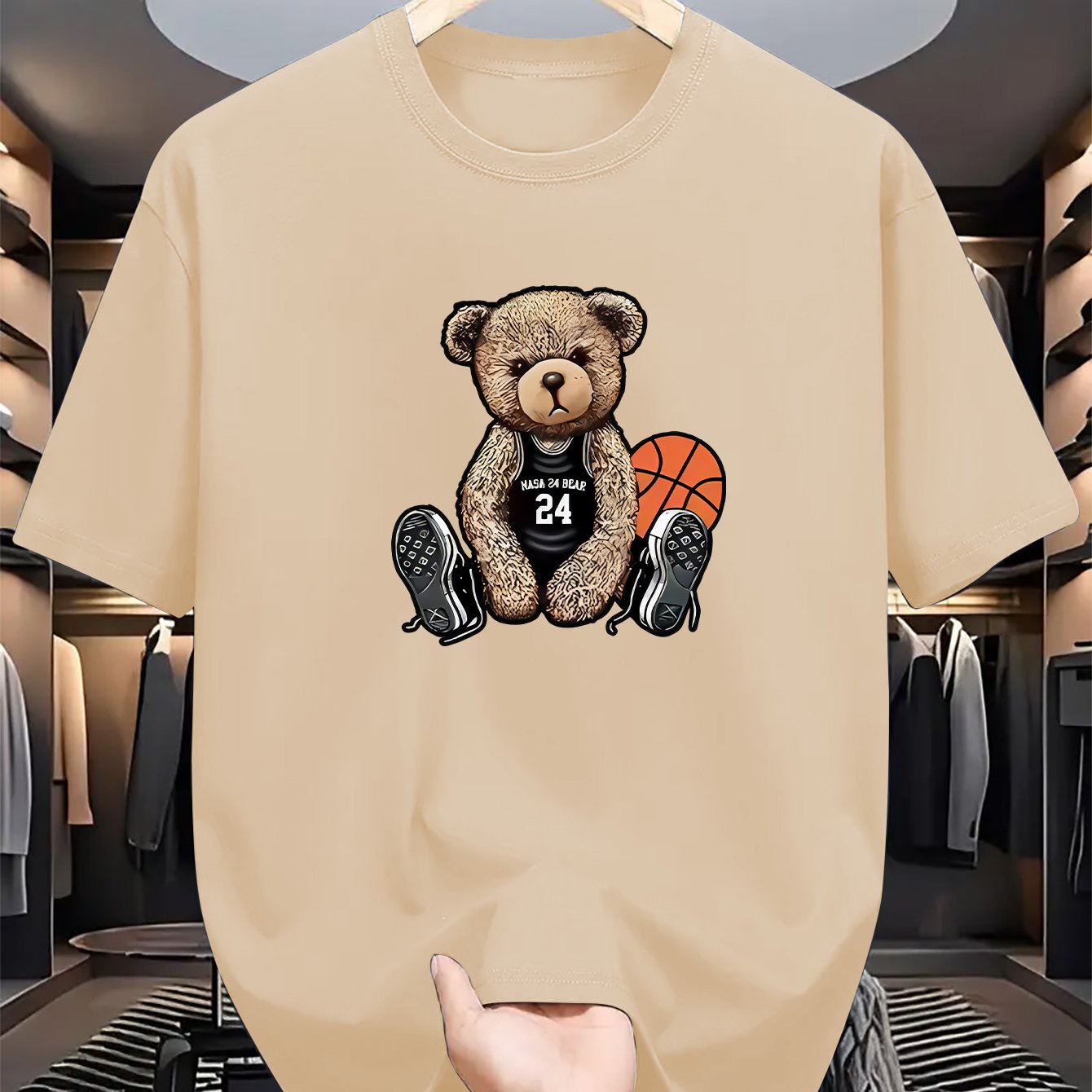 Camiseta de manga corta de verano para hombre, de poliéster con estampado de oso y cuello redondo casual