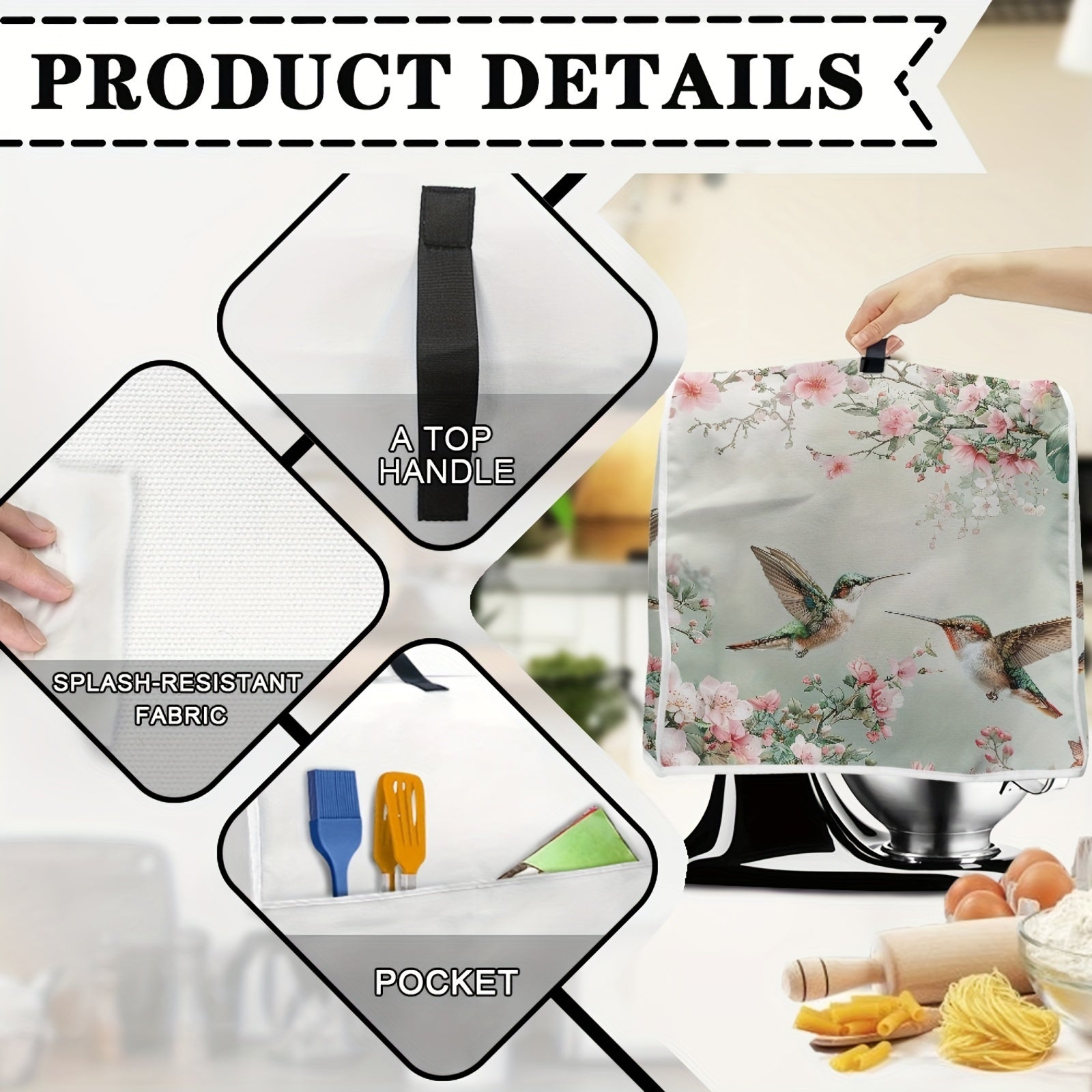 Zarif Gullar bilan Hummingbird Stand Mikser Qopqog'i - Oson tozalash, 6-8 kvartli Oshxona Mikserlari uchun Mashinada yuviladigan Changdan himoya.