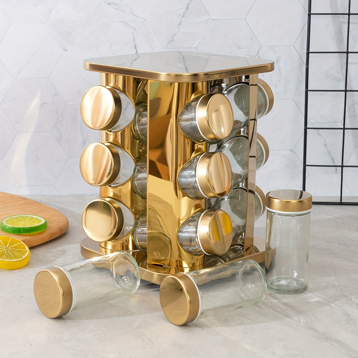 Stainless Steel Spice Rack with Pull-Out Shelf and 360° Rotation for Kitchen