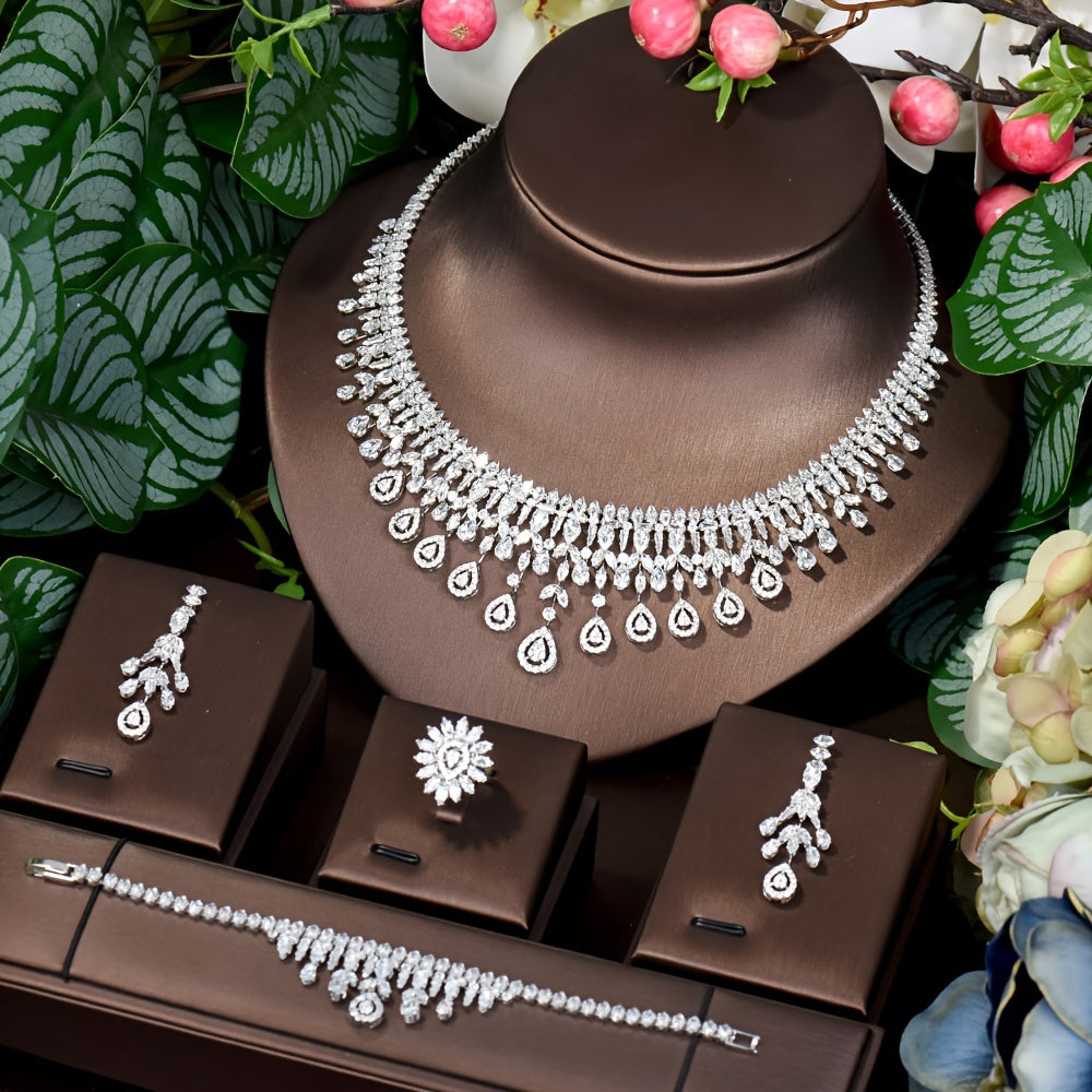 Conjunto de joyería de zirconia cúbica elegante para mujeres con collar, pendientes, anillo y pulsera