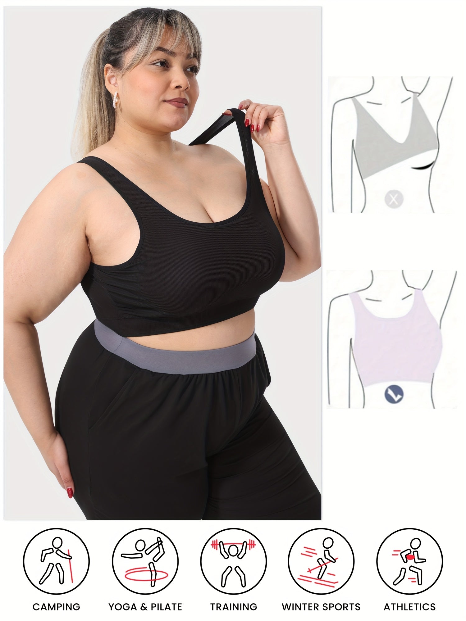 Women's Plus Size Black Knit Tank Top with Built-In Bra Breathable Summer Fitness