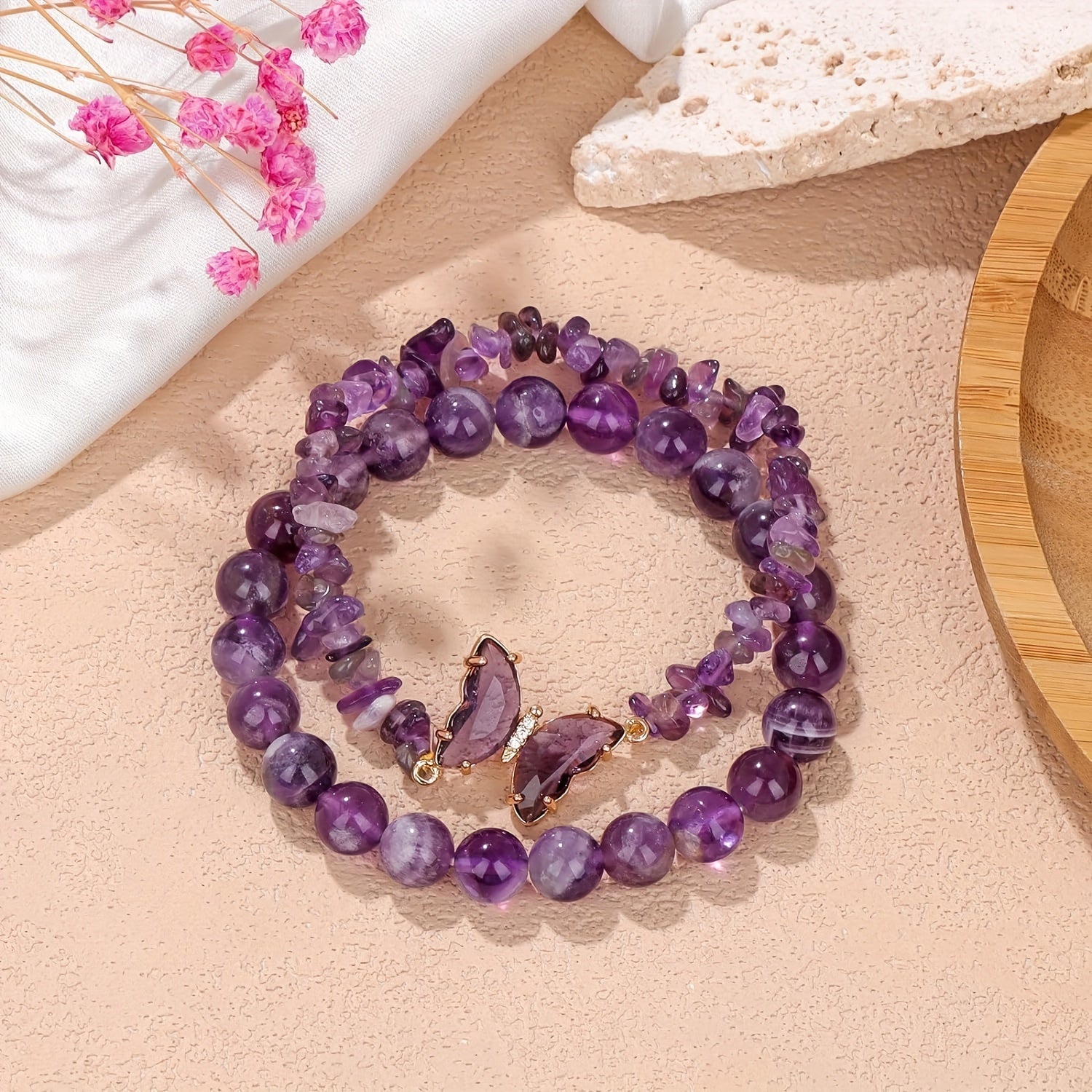 Amethyst Bead and Pebble Butterfly Bracelet for Women Trendy Hand Jewelry Gift