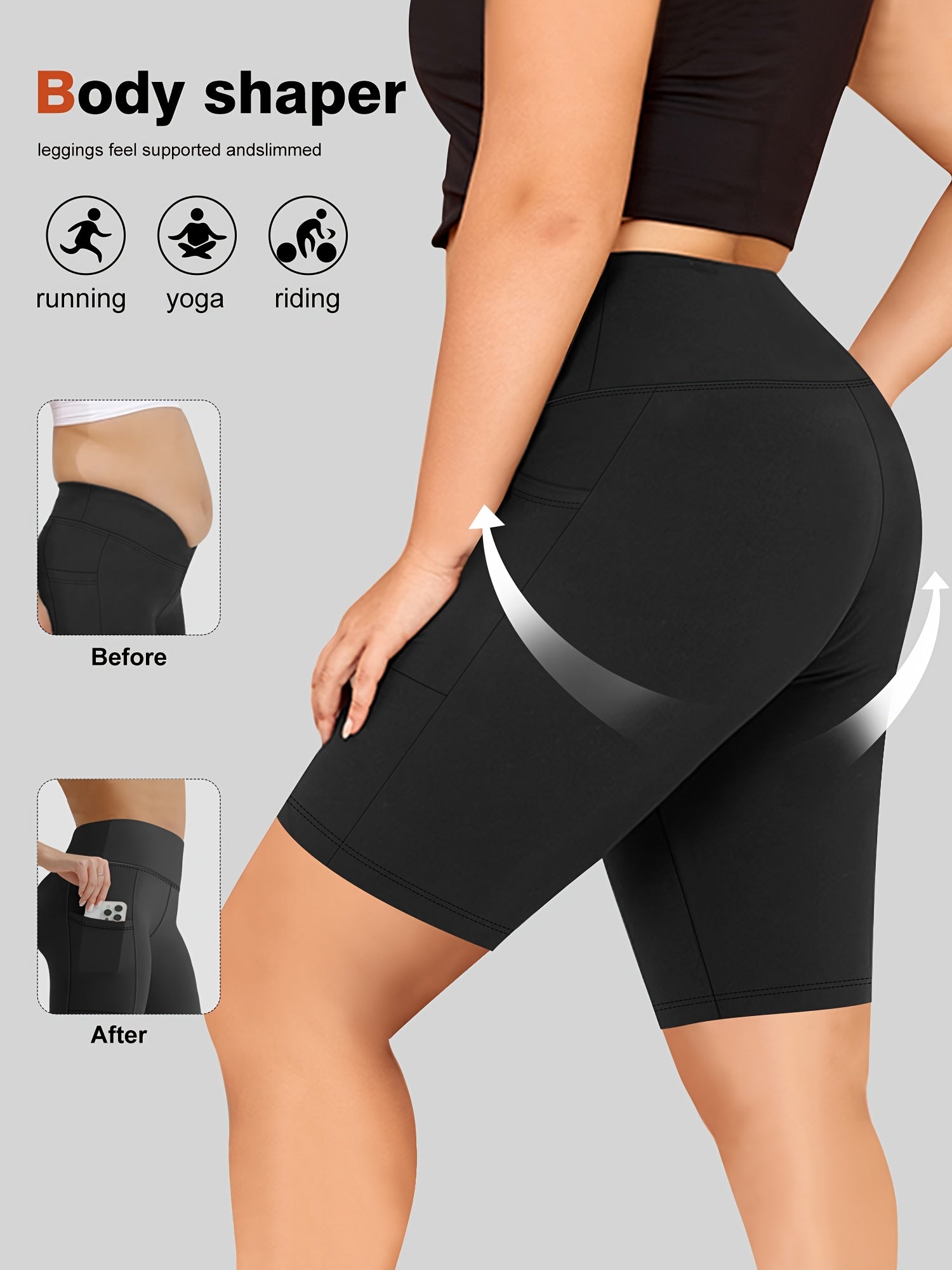 Women's Plus Size High Waist Shorts With Pockets Athletic Compression Black