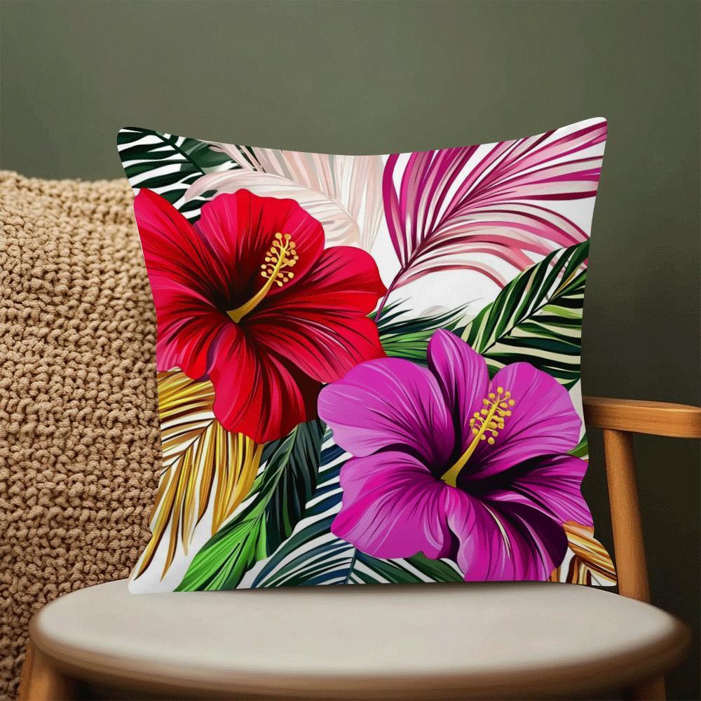 Hibiscus and Palm Print Pillowcase 45cm Polyester Zippered All-Season Cushion Cover