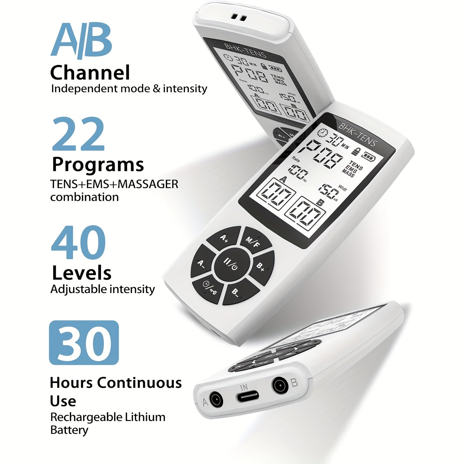 BHK-TENS Qayta zaryadlanadigan TENS qurilmasi - Og'riq terapiyasi uchun USB orqali zaryadlanadigan EMS mushak stimulyatori
