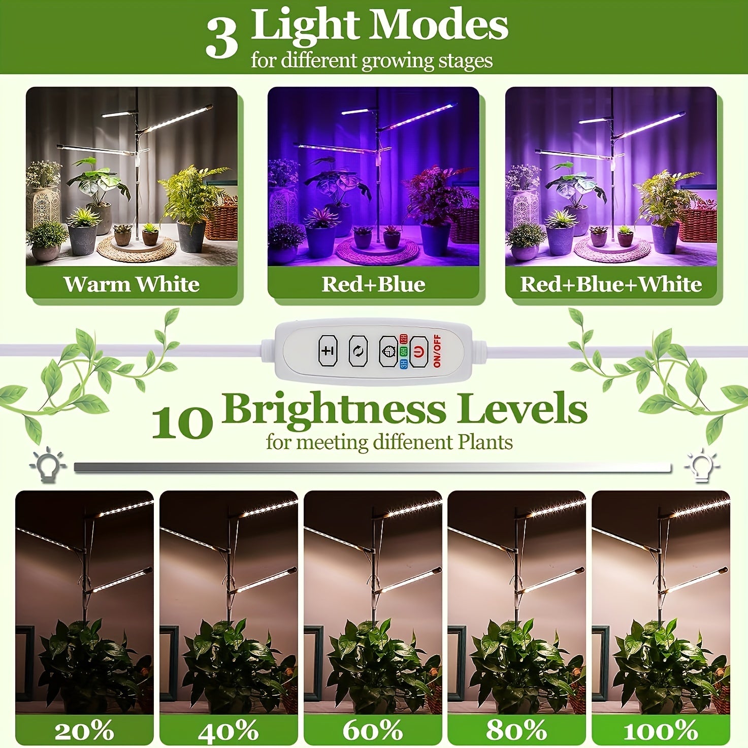 Indoor Plant LED Grow Light with 3 Heads USB Powered Adjustable Gooseneck 3 Lighting Modes