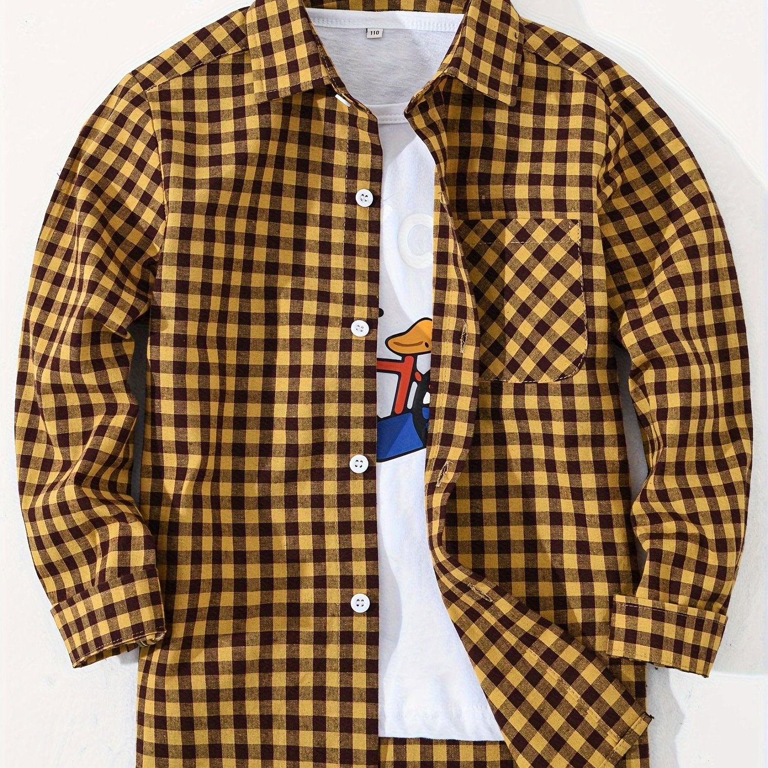 Camisa de manga larga a cuadros para niños, para niños y niñas, 100% algodón, ajuste regular, cuello de solapa