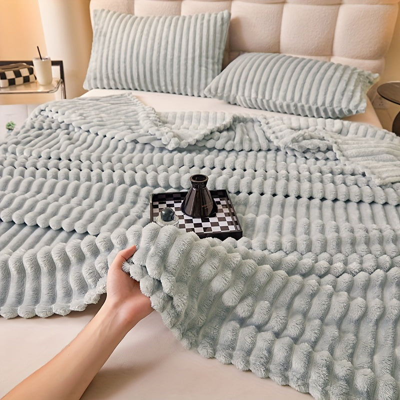 Manta de pelo sintético de conejo acogedora y suave, con rayas multicolores para sofá, cama y oficina