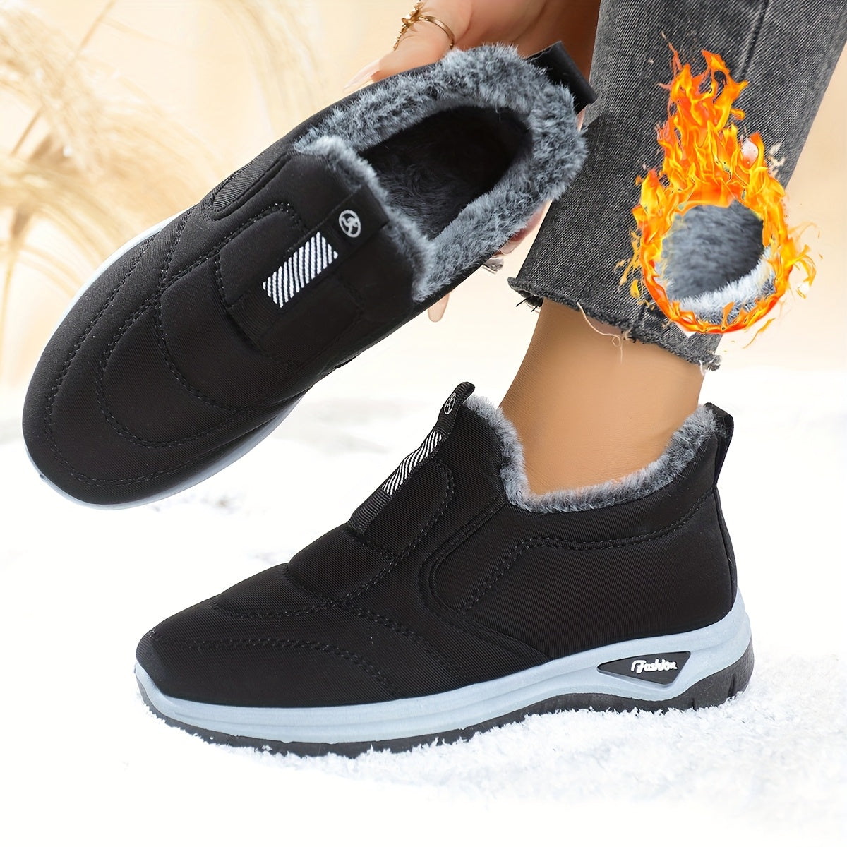 Women's Fleece-Lined Ankle Boots Black Red Slip-On Winter Outdoor