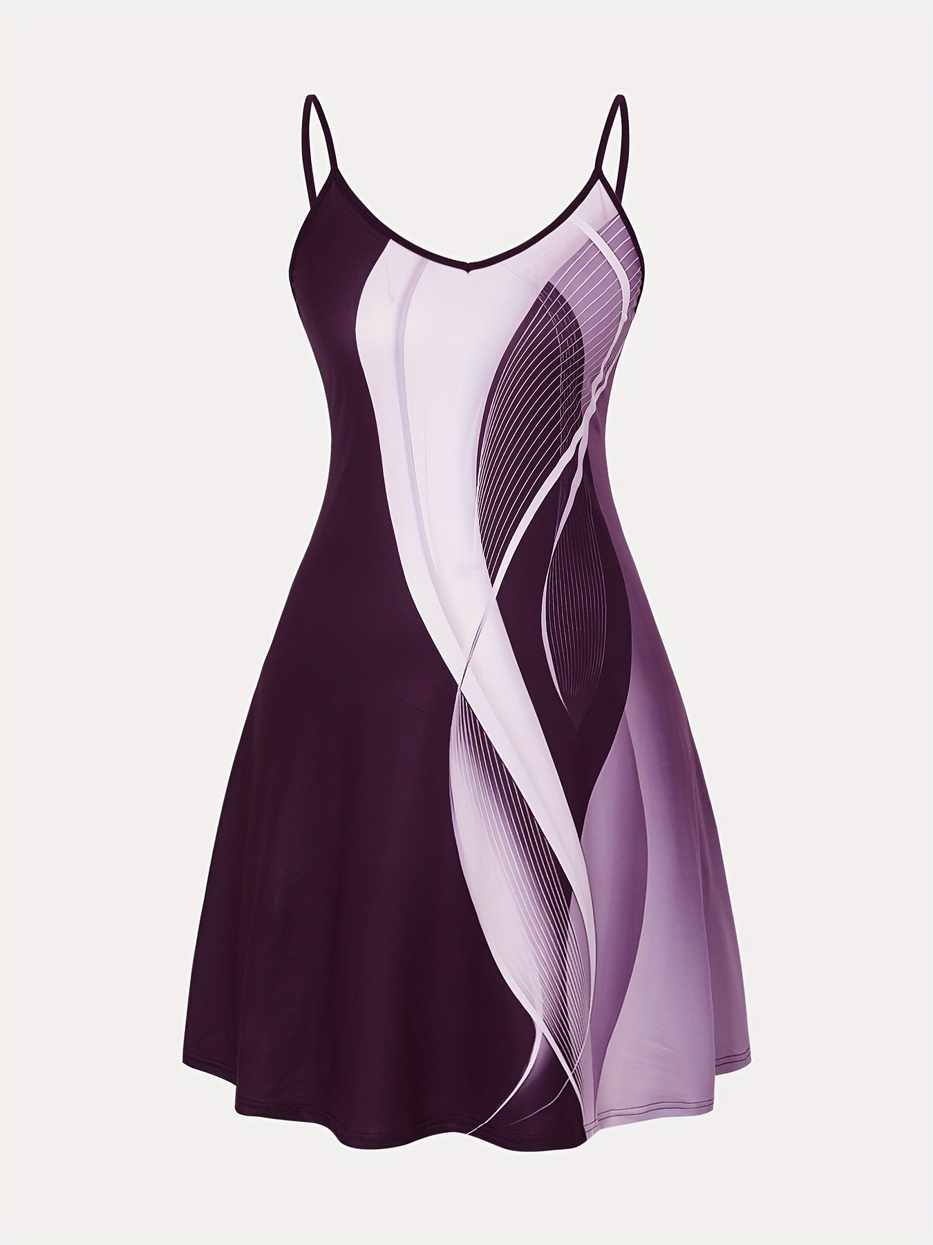 Women Plus Size V-Neck Spaghetti Strap Nightgowns White Purple Abstract Print Slip Dresses